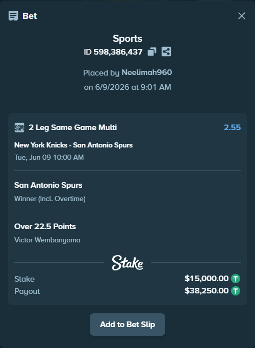 Bet slip: , $15,000.00 stake at 1.27 odds, placed by Neelimah960