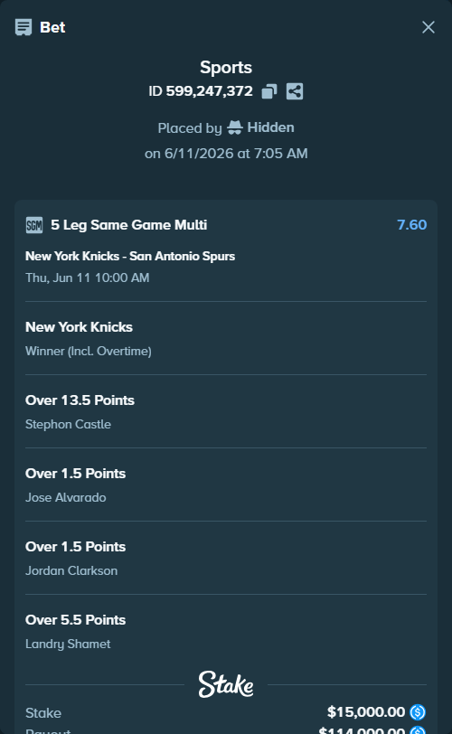 Bet slip: , $15,000.00 stake at 1.52 odds, placed by Hidden