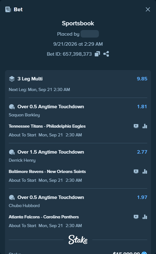 Bet slip: , $15,000.00 stake at 1.81 odds, placed by Cabrzy