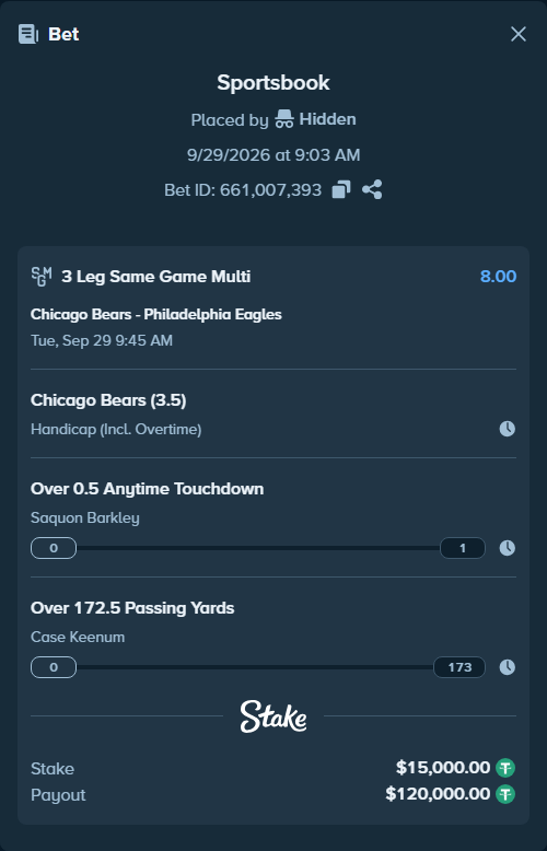 Bet slip: , $15,000.00 stake at 2.67 odds, placed by WIZCAPA