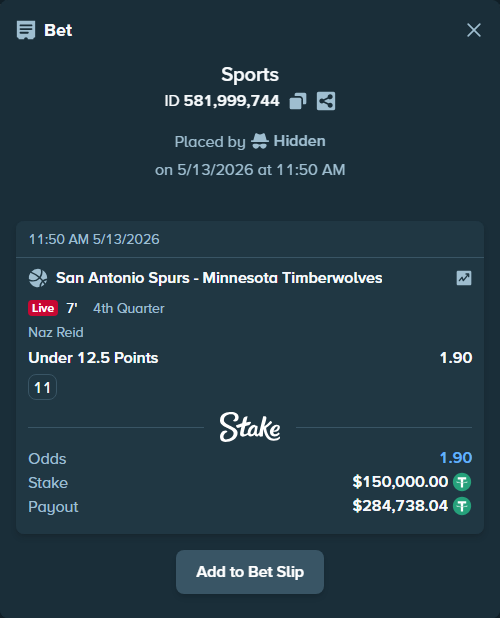 Bet slip: , $150,000.00 stake at 1.90 odds, placed by Hidden