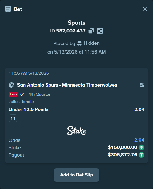Bet slip: , $150,000.00 stake at 2.04 odds, placed by Hidden