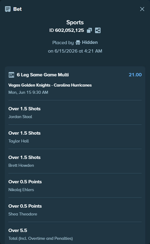 Bet slip: , $15,015.00 stake at 3.50 odds, placed by Hidden