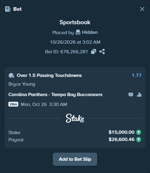 Bet slip: , $15,015.00 stake at 1.77 odds, placed by Davidbushel1
