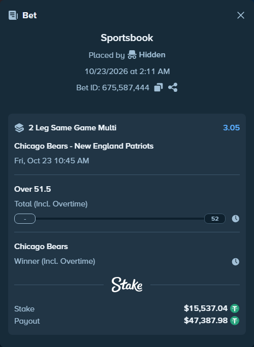 Bet slip: , $15,552.58 stake at 1.52 odds, placed by Bigfoltz