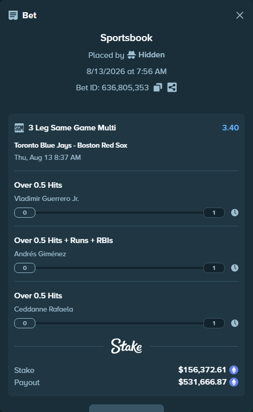 Bet slip: , $157,845.76 stake at 1.13 odds, placed by Hidden