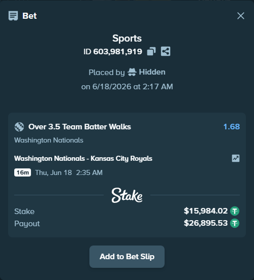 Bet slip: , $16,000.00 stake at 1.68 odds, placed by Hidden