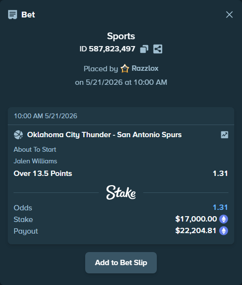 Bet slip: , $15,181.49 stake at 1.31 odds, placed by Razzlox