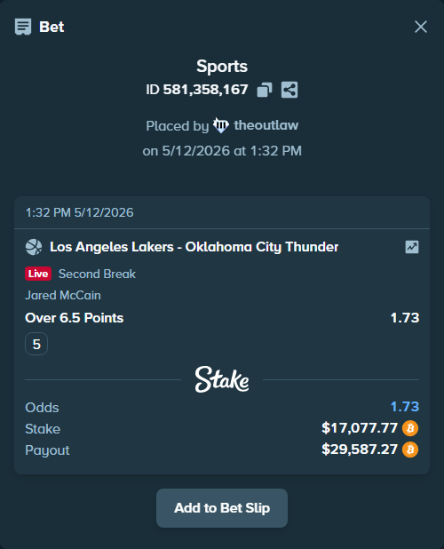 Bet slip: , $13,515.79 stake at 1.73 odds, placed by theoutlaw