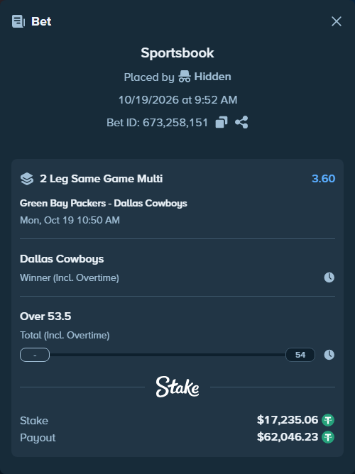 Bet slip: , $17,252.30 stake at 1.80 odds, placed by Bigfoltz