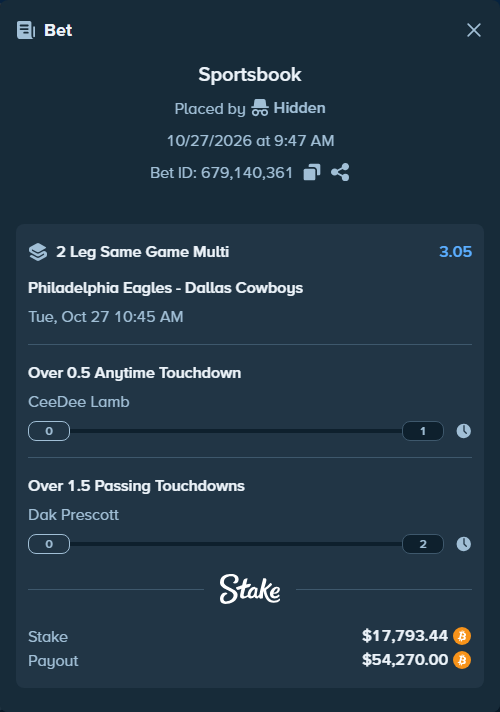 Bet slip: , $17,780.32 stake at 1.52 odds, placed by Hidden