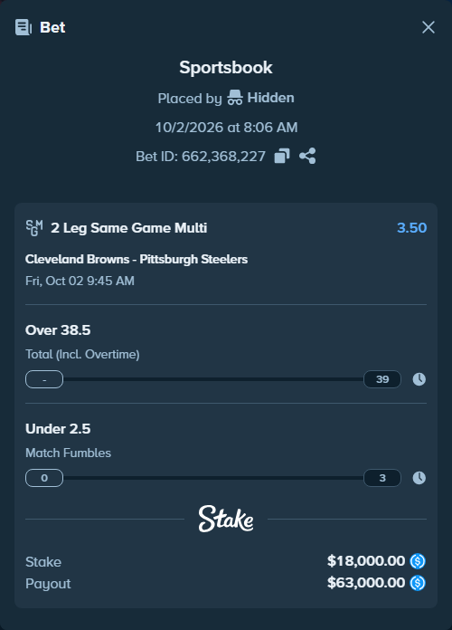 Bet slip: , $18,000.00 stake at 1.75 odds, placed by Marvin123421