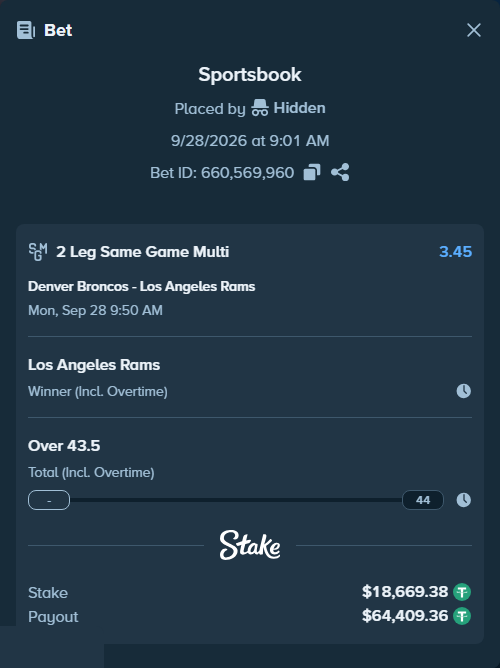Bet slip: , $18,669.38 stake at 1.73 odds, placed by Bigfoltz