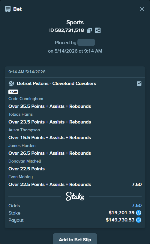Bet slip: , $19,701.39 stake at 1.27 odds, placed by SyztmzTV