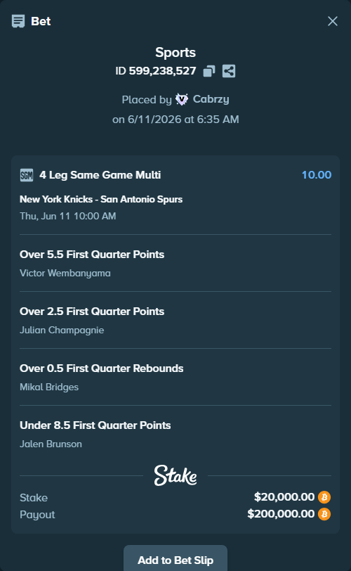 Bet slip: , $20,855.79 stake at 2.50 odds, placed by Cabrzy