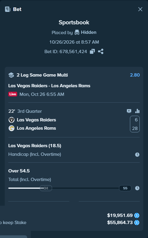 Bet slip: , $19,951.69 stake, placed by SchneckyIRL