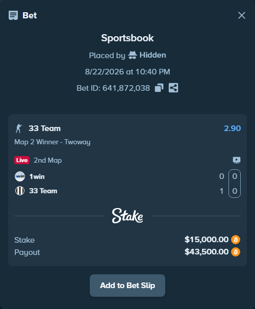 Bet slip: 1win - 33 Team, $14,966.66 stake at 2.90 odds, placed by Hidden