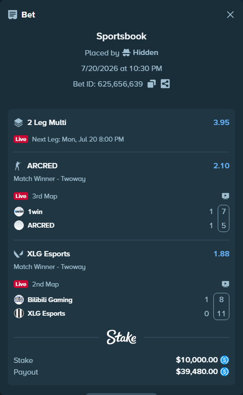Bet slip: 1win - ARCRED, $10,000.00 stake at 2.10 odds, placed by Hidden