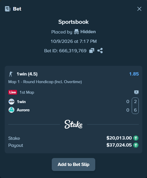 Bet slip: 1win - Aurora Gaming, $20,033.01 stake at 1.85 odds, placed by Hidden