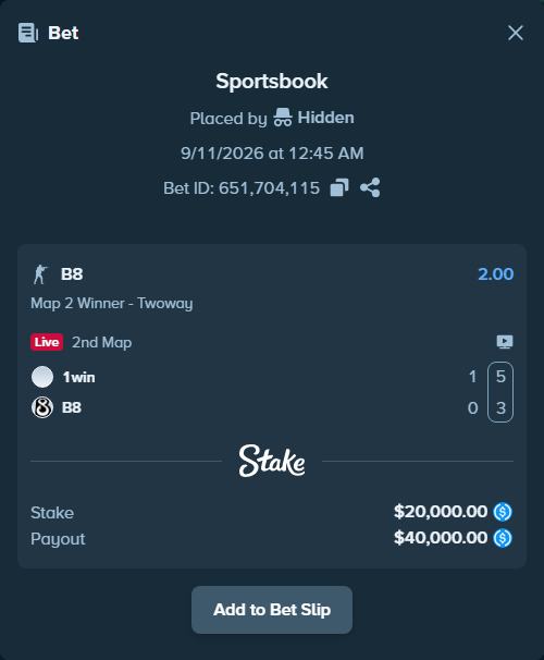 Bet slip: 1win - B8, $20,000.00 stake at 2.00 odds, placed by Hidden