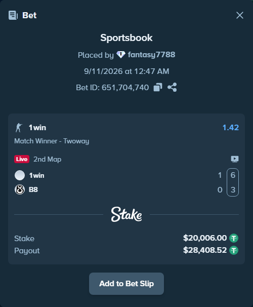Bet slip: 1win - B8, $20,000.00 stake at 1.42 odds, placed by fantasy7788