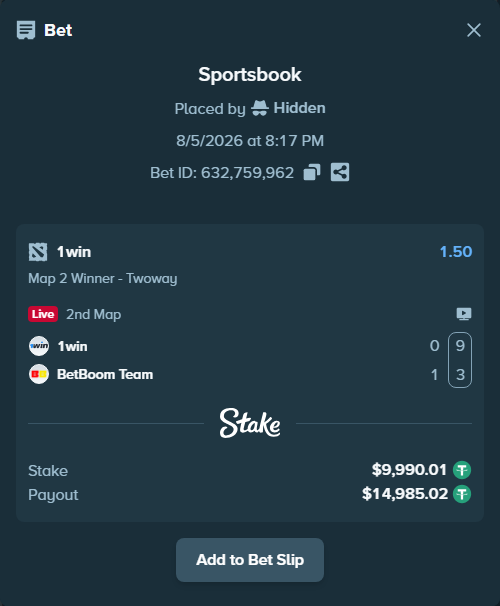 Bet slip: 1win - BetBoom Team, $10,000.00 stake at 1.50 odds, placed by Hidden