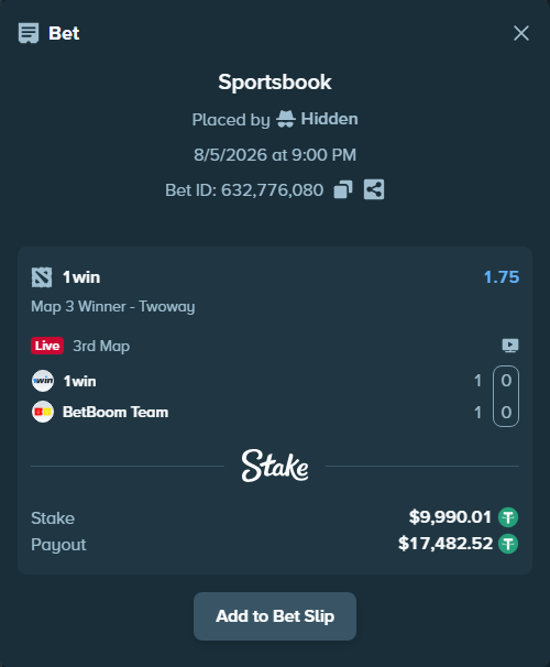 Bet slip: 1win - BetBoom Team, $10,000.00 stake at 1.75 odds, placed by Hidden