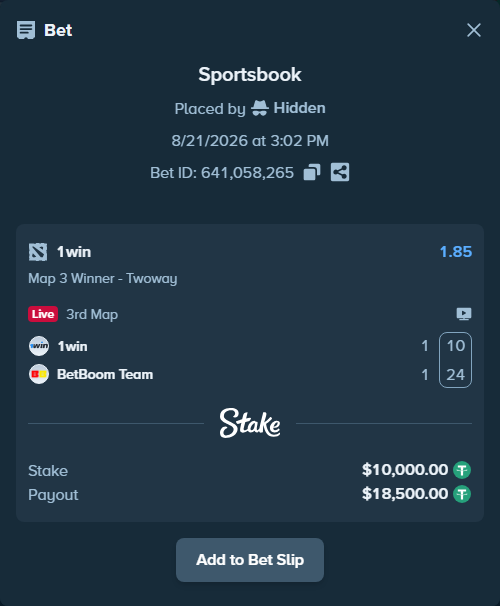 Bet slip: 1win - BetBoom Team, $10,010.00 stake at 1.85 odds, placed by Hidden