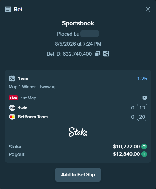 Bet slip: 1win - BetBoom Team, $10,282.27 stake at 1.25 odds, placed by toffeeshka