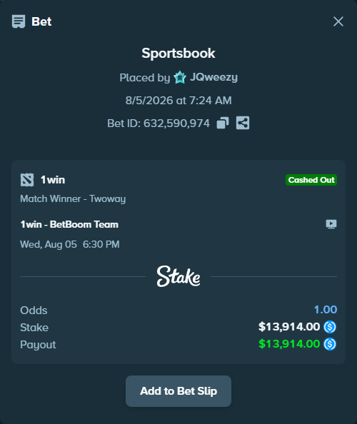 Bet slip: 1win - BetBoom Team, $13,914.00 stake at 2.30 odds, placed by JQweezy