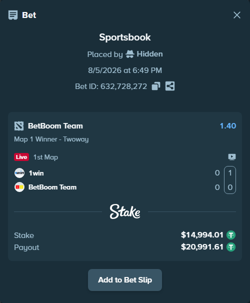 Bet slip: 1win - BetBoom Team, $15,009.00 stake at 1.40 odds, placed by Hidden