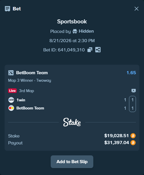 Bet slip: 1win - BetBoom Team, $19,158.94 stake at 1.65 odds, placed by Hidden