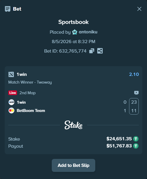 Bet slip: 1win - BetBoom Team, $24,676.00 stake at 2.10 odds, placed by antoniku