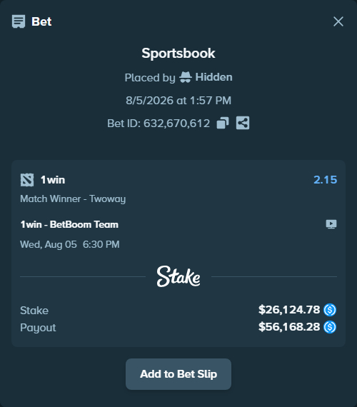 Bet slip: 1win - BetBoom Team, $26,124.78 stake at 2.15 odds, placed by Hidden
