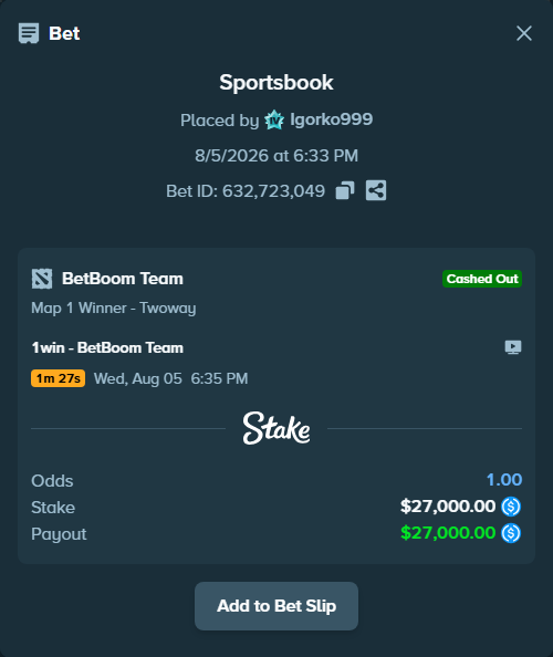 Bet slip: 1win - BetBoom Team, $27,000.00 stake at 1.85 odds, placed by Igorko999