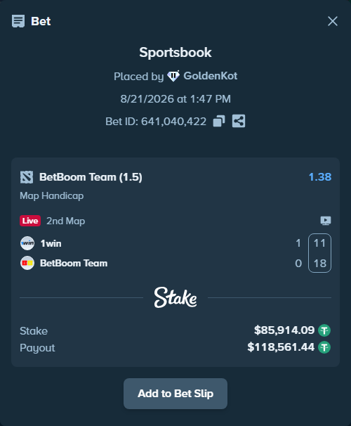 Bet slip: 1win - BetBoom Team, $86,000.00 stake at 1.38 odds, placed by GoldenKot