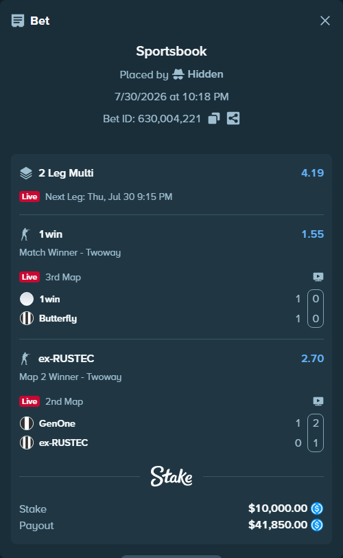 Bet slip: 1win - Butterfly, $10,000.00 stake at 1.55 odds, placed by Hidden
