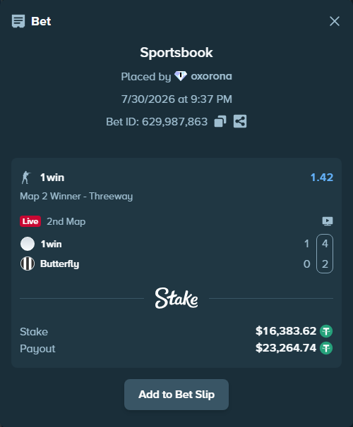 Bet slip: 1win - Butterfly, $16,400.00 stake at 1.42 odds, placed by oxorona