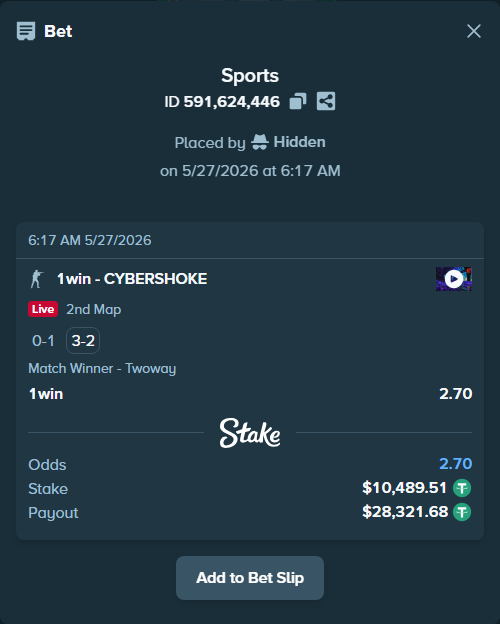 Bet slip: 1win - CYBERSHOKE, $10,500.00 stake at 2.70 odds, placed by Hidden