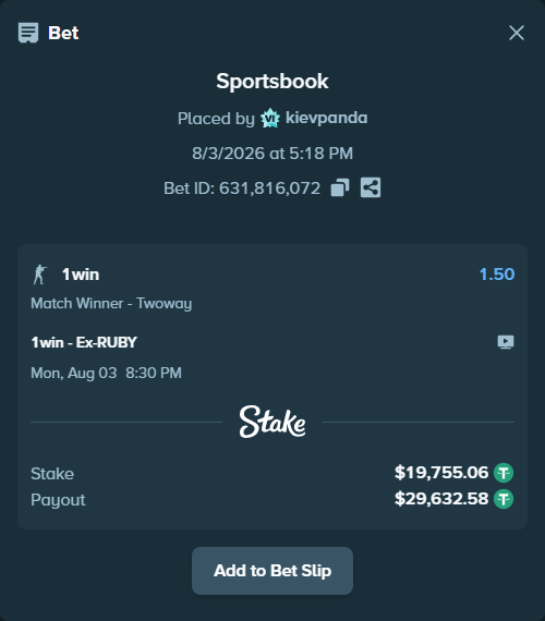Bet slip: 1win - Ex-RUBY, $19,774.81 stake at 1.50 odds, placed by kievpanda