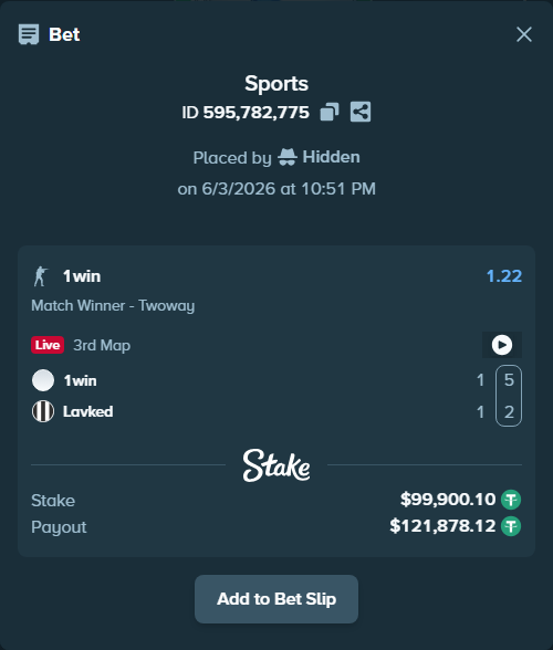 Bet slip: 1win - Lavked, $100,000.00 stake at 1.22 odds, placed by Hidden