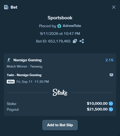 Bet slip: 1win - Nemiga Gaming, $10,000.00 stake at 2.15 odds, placed by AdrewTate