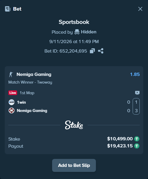 Bet slip: 1win - Nemiga Gaming, $10,499.00 stake at 1.85 odds, placed by Hidden