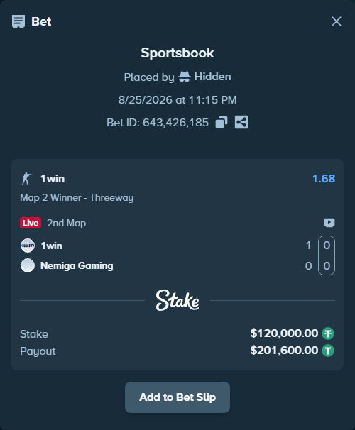 Bet slip: 1win - Nemiga Gaming, $120,000.00 stake at 1.68 odds, placed by Hidden