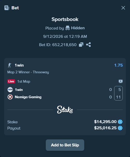Bet slip: 1win - Nemiga Gaming, $14,295.00 stake at 1.75 odds, placed by Hidden