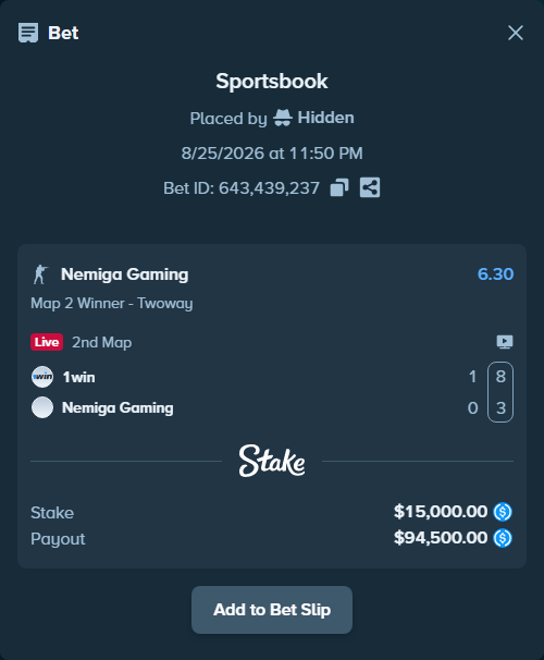 Bet slip: 1win - Nemiga Gaming, $15,000.00 stake at 6.30 odds, placed by Hidden