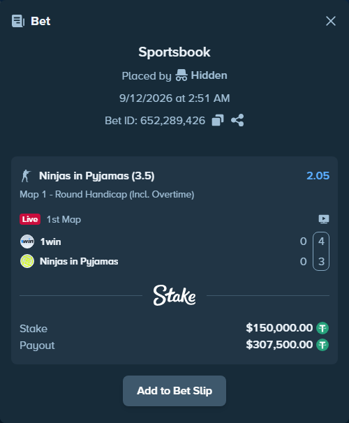 Bet slip: 1win - Ninjas in Pyjamas, $150,000.00 stake at 2.05 odds, placed by Hidden