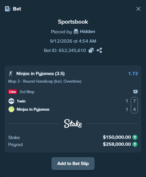 Bet slip: 1win - Ninjas in Pyjamas, $150,000.00 stake at 1.72 odds, placed by Hidden