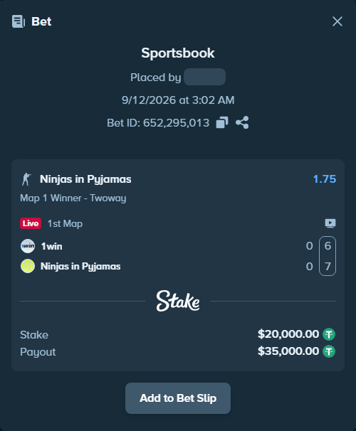 Bet slip: 1win - Ninjas in Pyjamas, $20,000.00 stake at 1.75 odds, placed by fantasy7788
