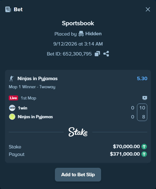 Bet slip: 1win - Ninjas in Pyjamas, $70,000.00 stake at 5.30 odds, placed by Hidden